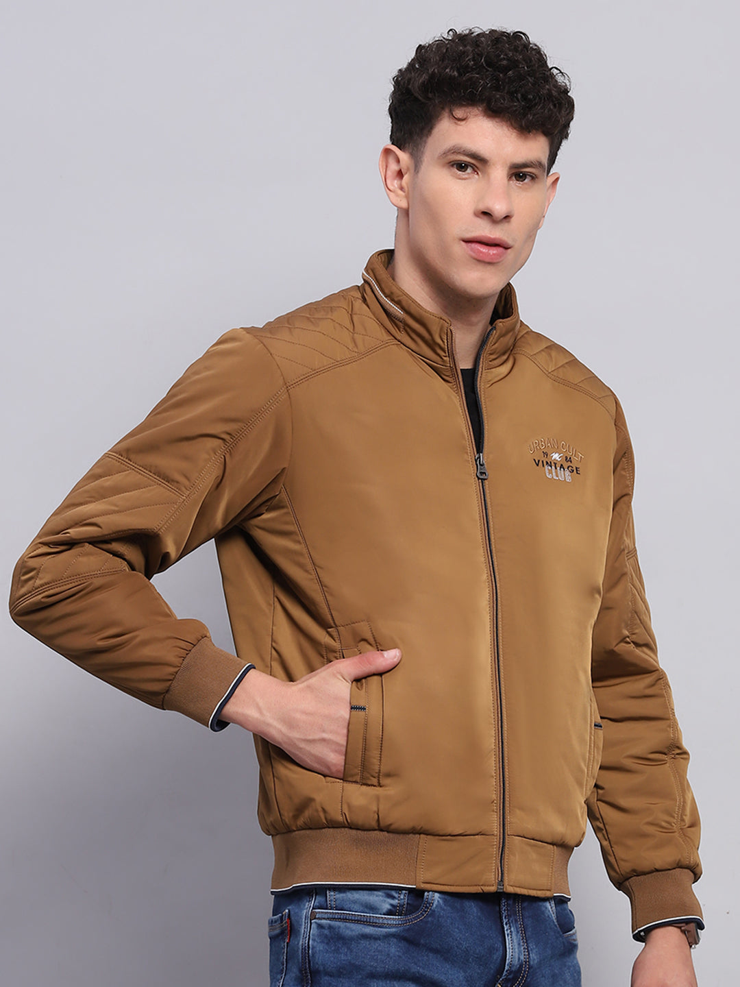 Men Brown Solid Mock Neck Full Sleeve Jacket