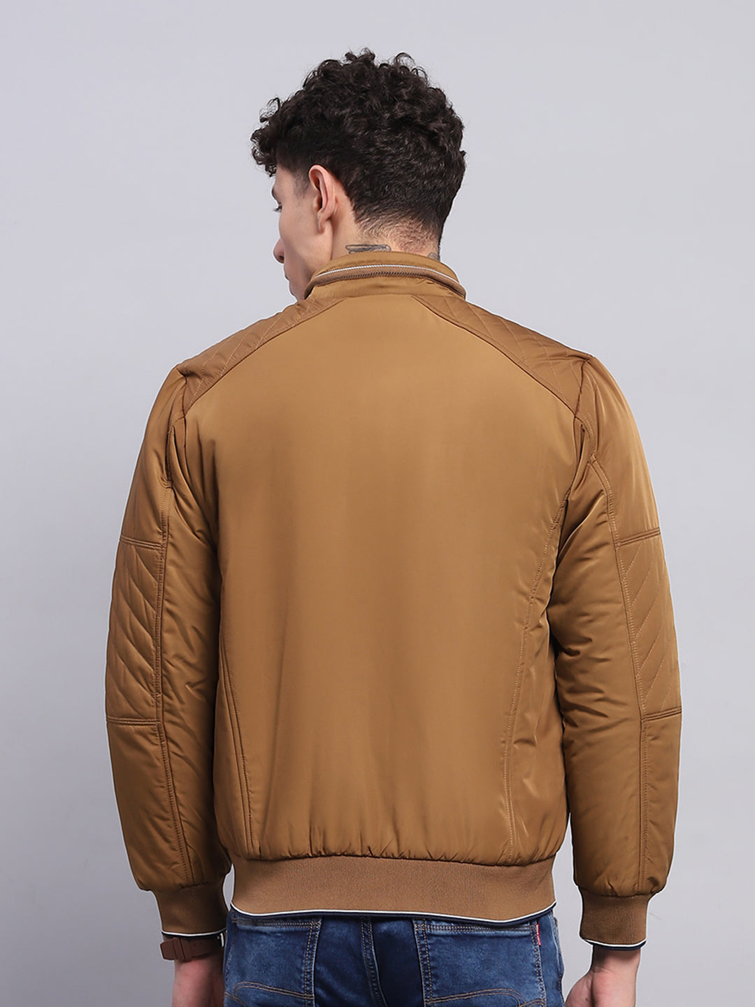 Men Brown Solid Mock Neck Full Sleeve Jacket