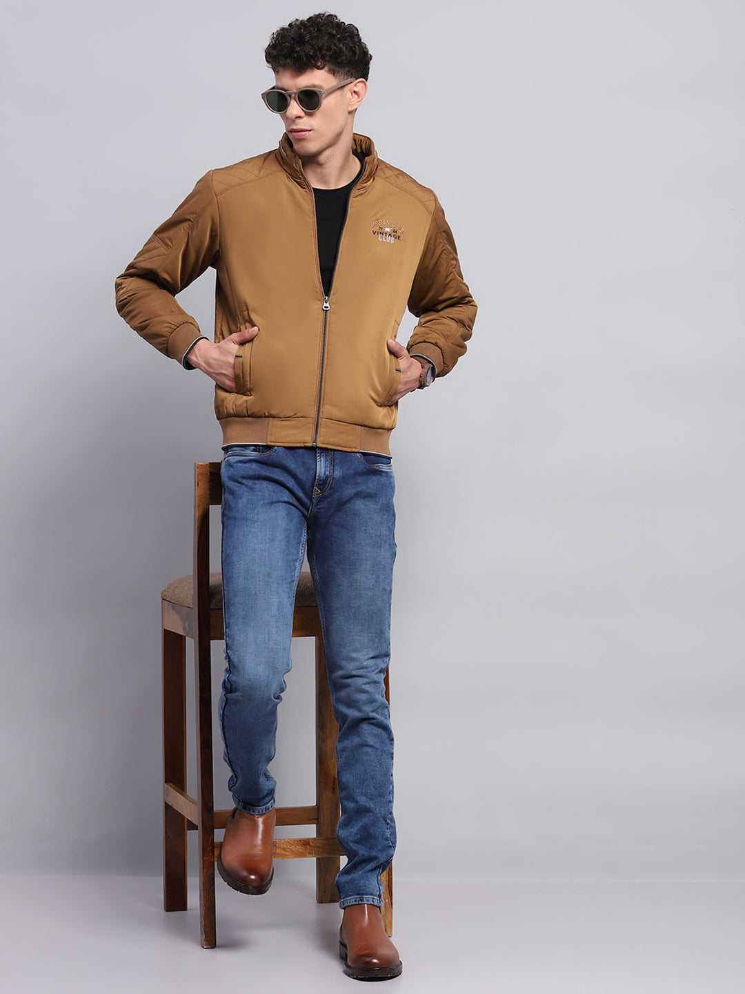 Men Brown Solid Mock Neck Full Sleeve Jacket