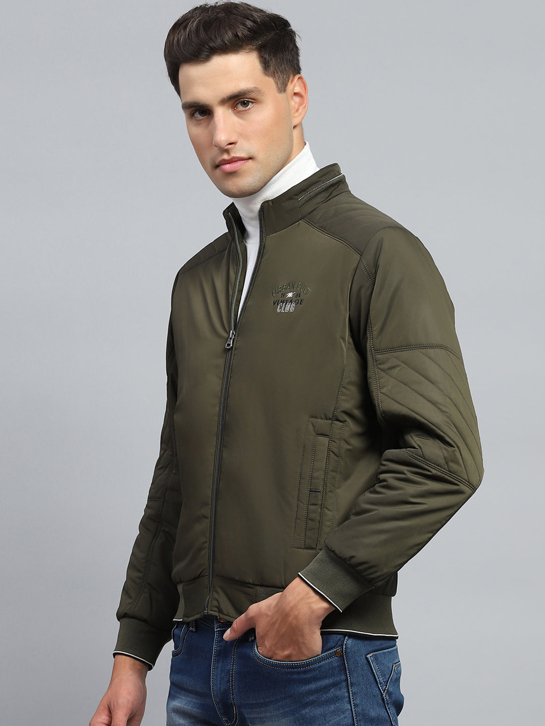 Men Olive Solid Mock Neck Full Sleeve Jacket