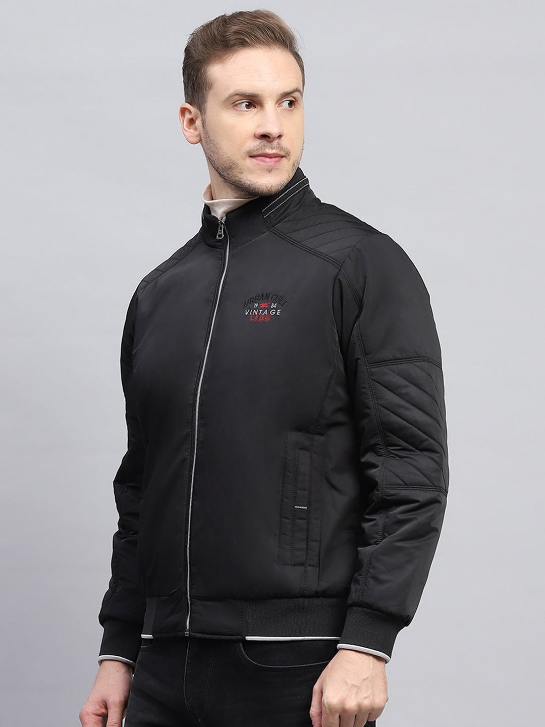 Men Black Solid Mock Neck Full Sleeve Jacket