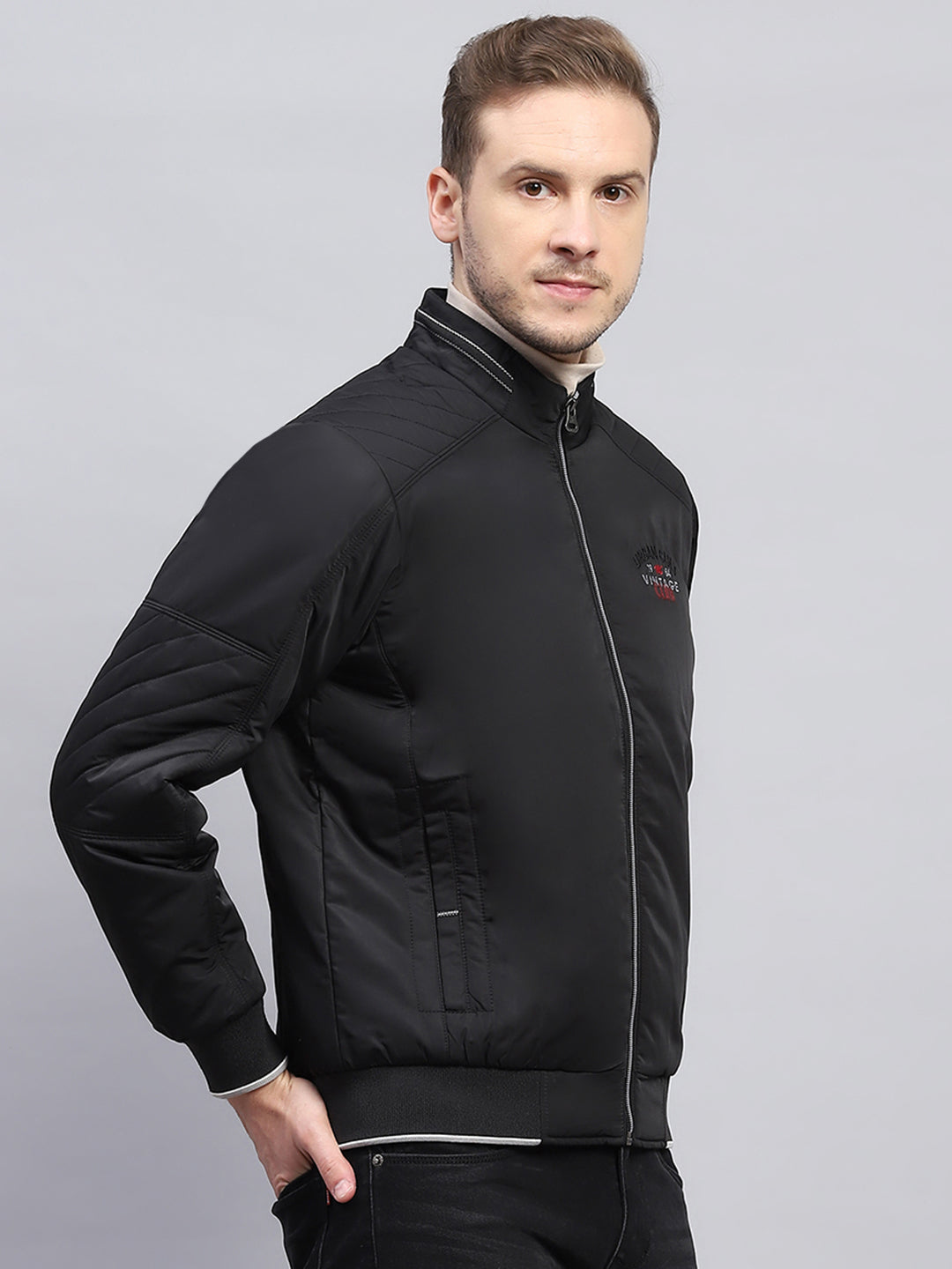 Men Black Solid Mock Neck Full Sleeve Jacket