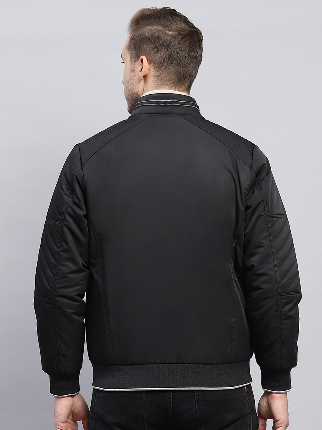 Men Black Solid Mock Neck Full Sleeve Jacket