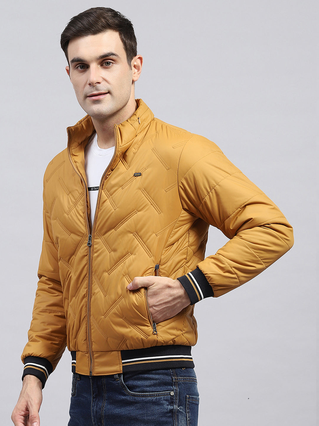 Men Mustard Solid Detachable Hood Full Sleeve Jacket