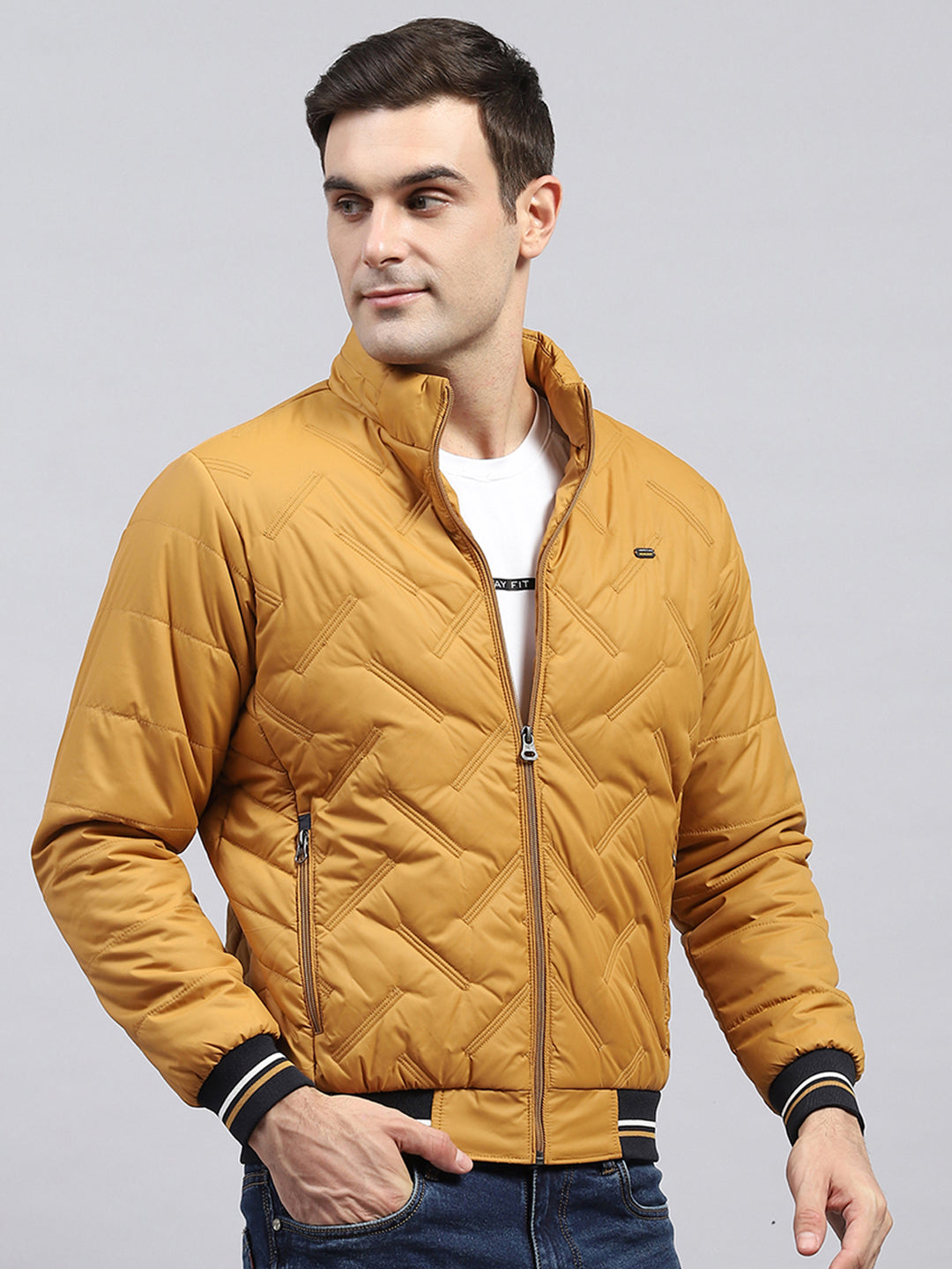 Men Mustard Solid Detachable Hood Full Sleeve Jacket