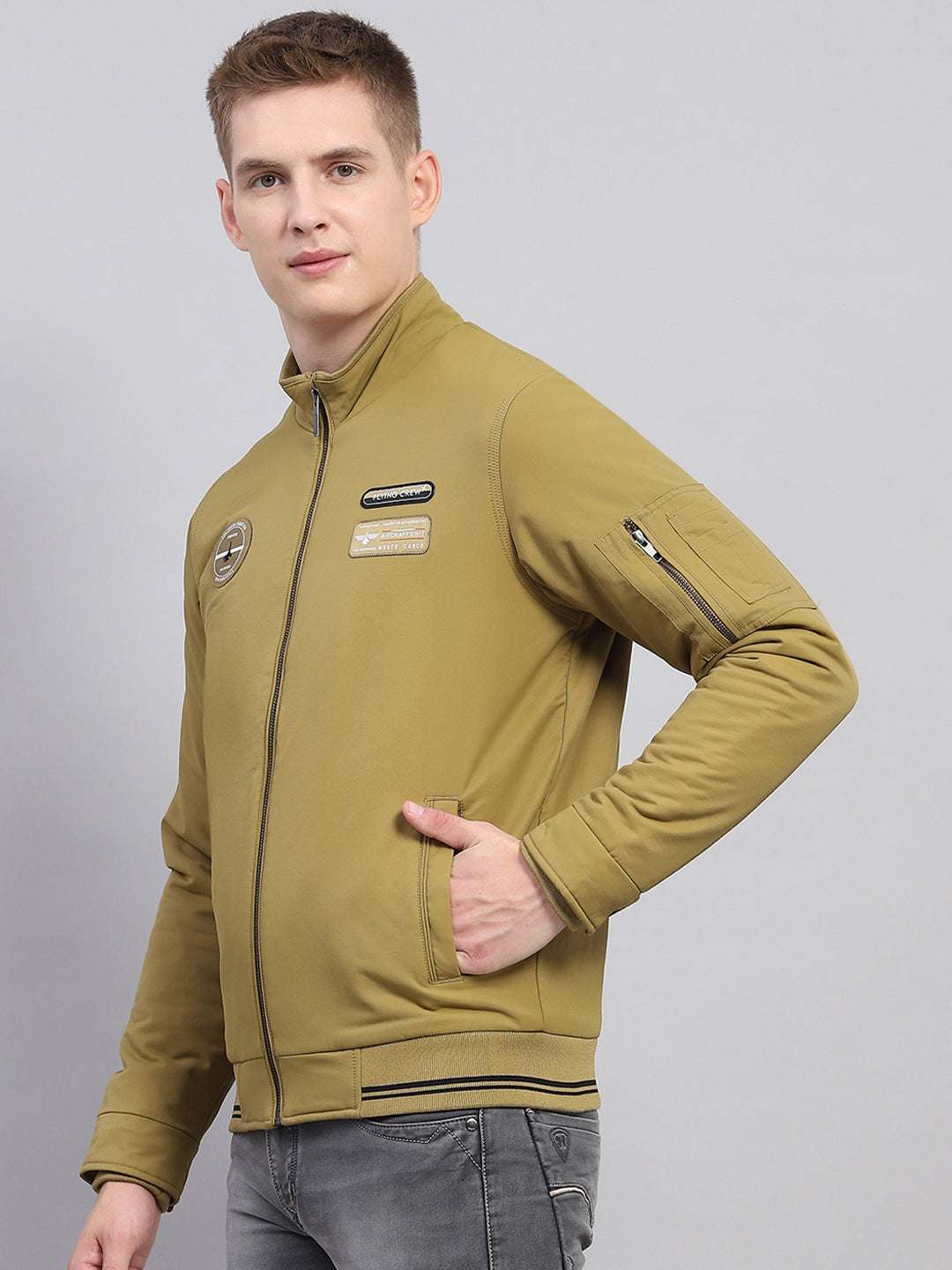 Men Mustard Solid Mock Neck Full Sleeve Jacket