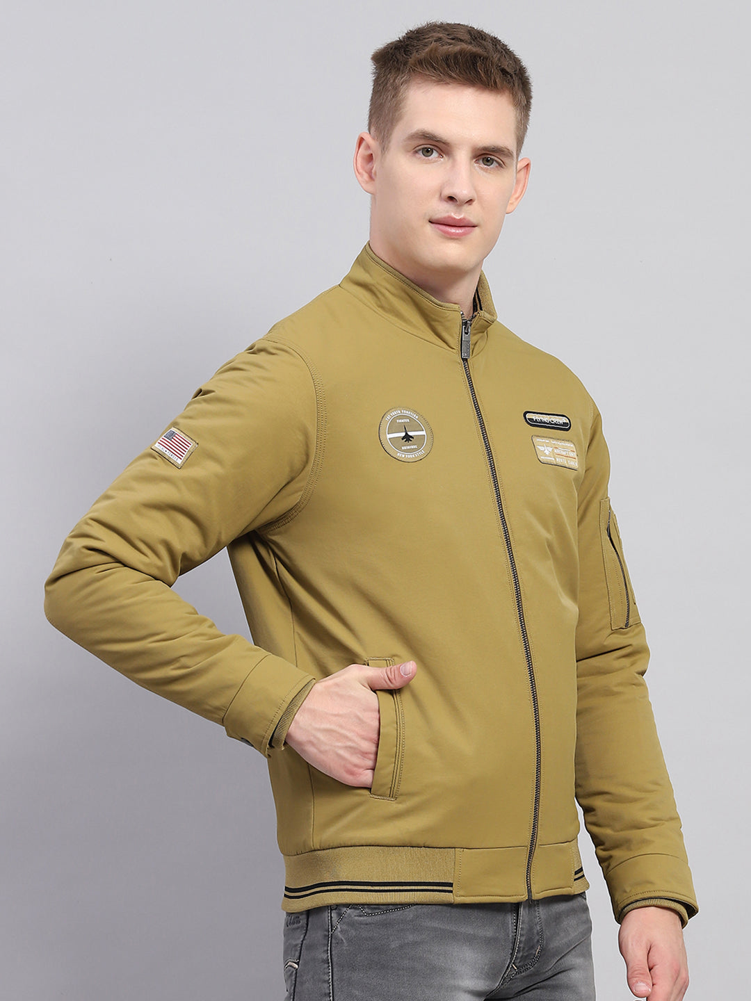 Men Mustard Solid Mock Neck Full Sleeve Jacket