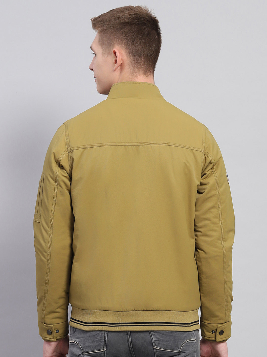 Men Mustard Solid Mock Neck Full Sleeve Jacket