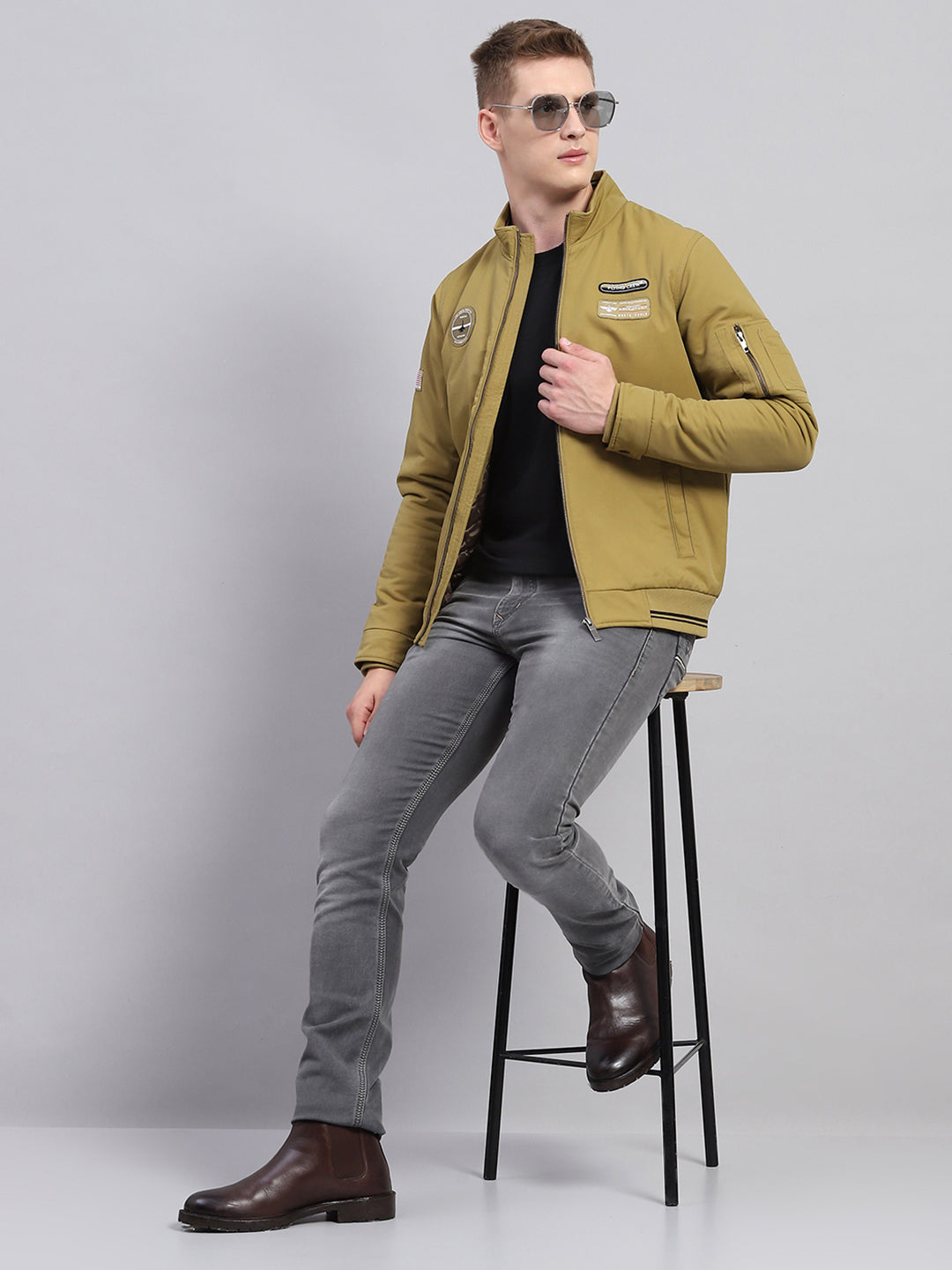 Men Mustard Solid Mock Neck Full Sleeve Jacket