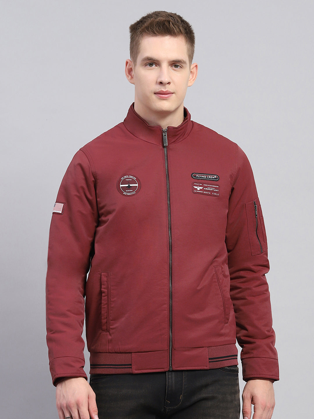 Men Maroon Solid Mock Neck Full Sleeve Jacket