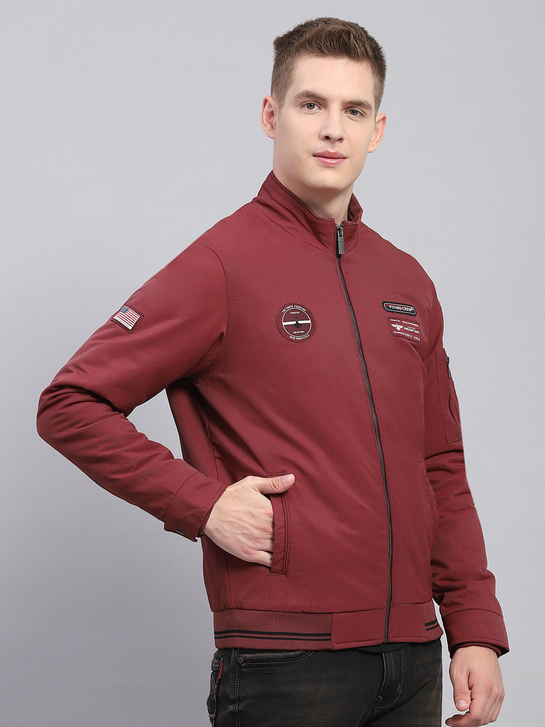 Men Maroon Solid Mock Neck Full Sleeve Jacket