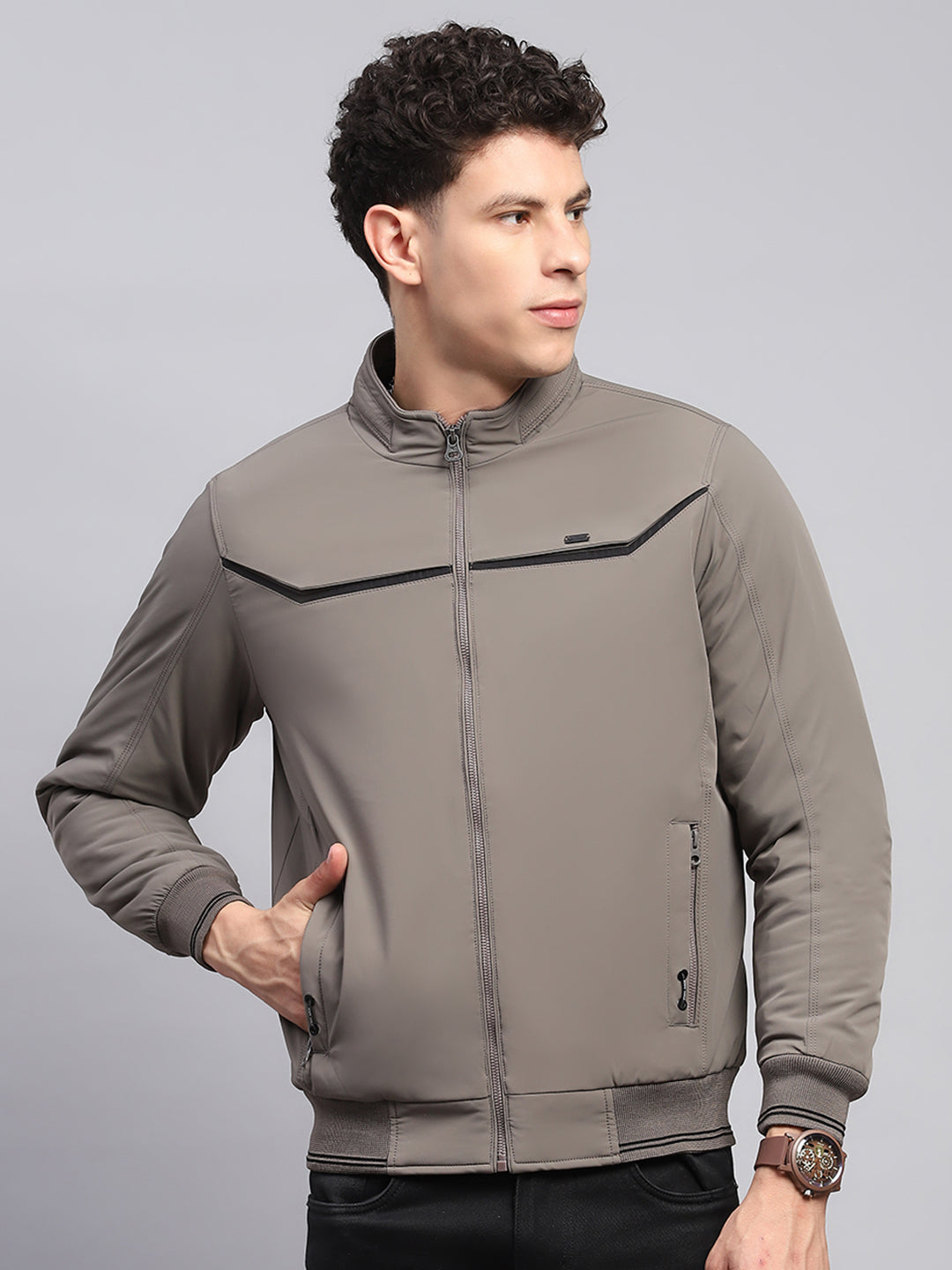 Men Grey Solid Mock Neck Full Sleeve Jacket