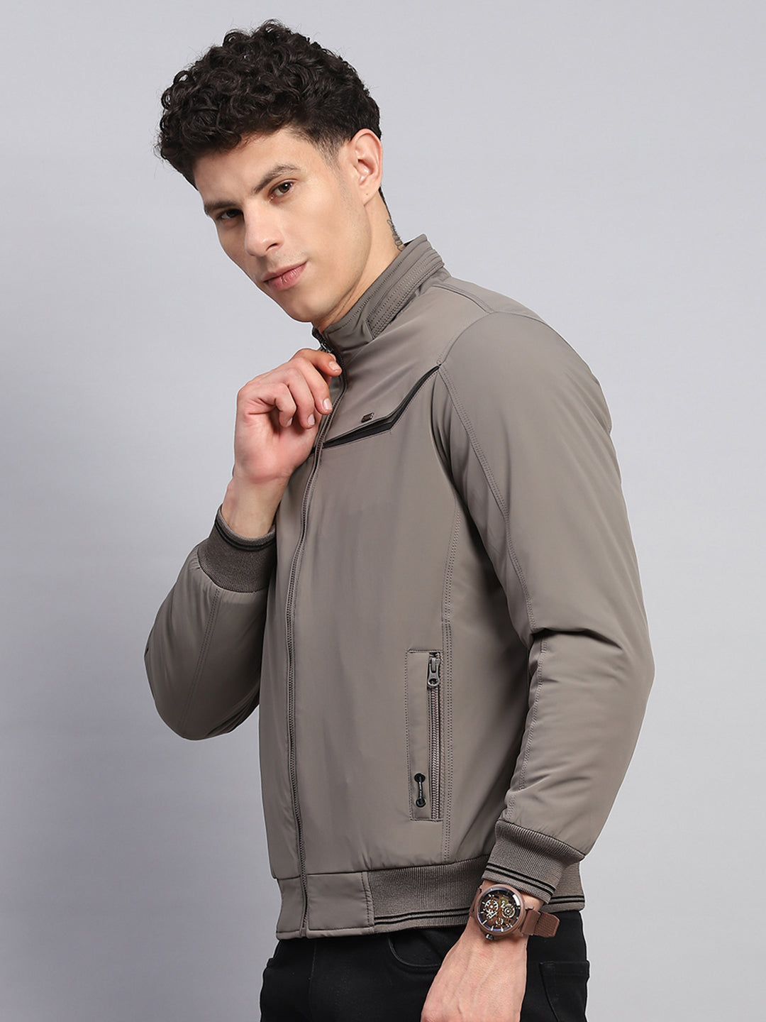 Men Grey Solid Mock Neck Full Sleeve Jacket