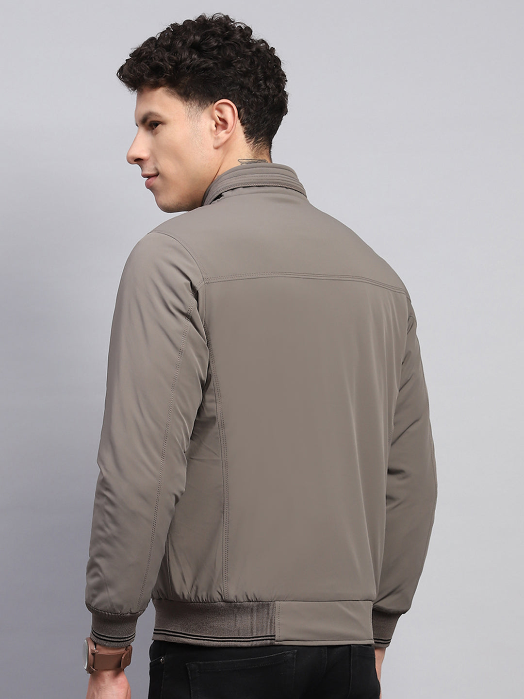 Men Grey Solid Mock Neck Full Sleeve Jacket