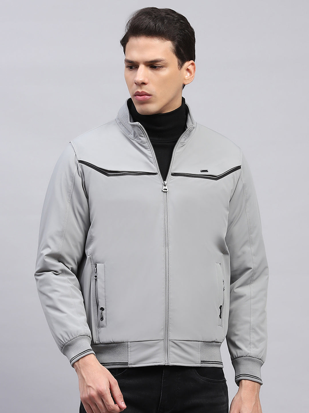 Men Grey Solid Mock Neck Full Sleeve Jacket