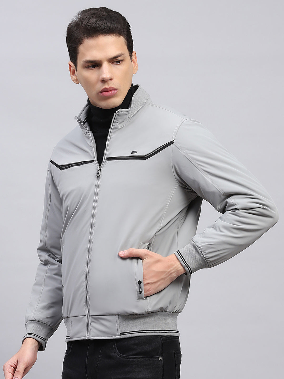 Men Grey Solid Mock Neck Full Sleeve Jacket