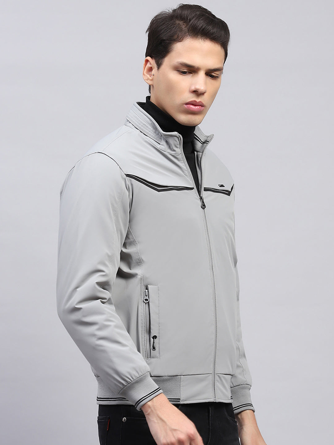 Men Grey Solid Mock Neck Full Sleeve Jacket