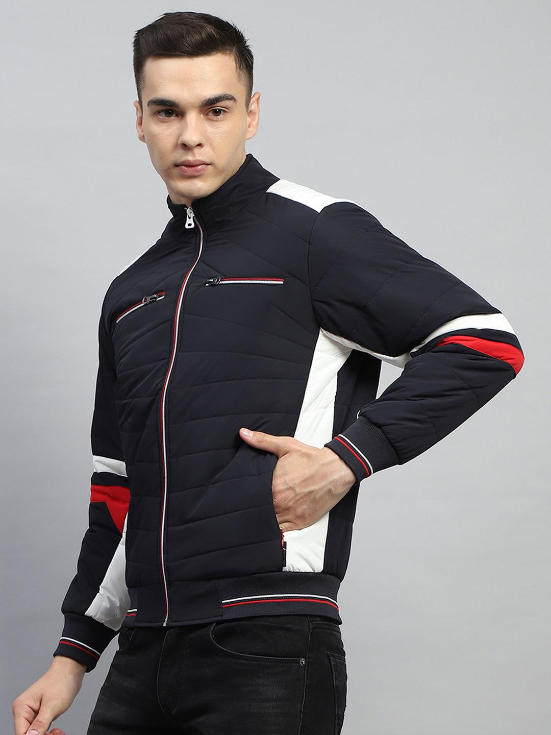 Men Navy Blue Solid Mock Neck Full Sleeve Jacket