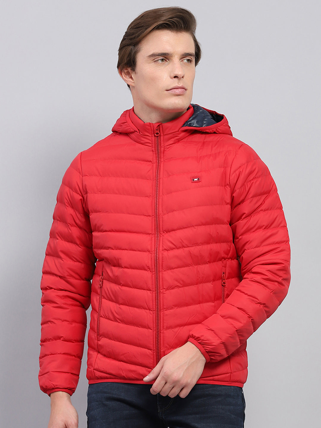 Men Red Solid Detachable Hood Full Sleeve Jacket