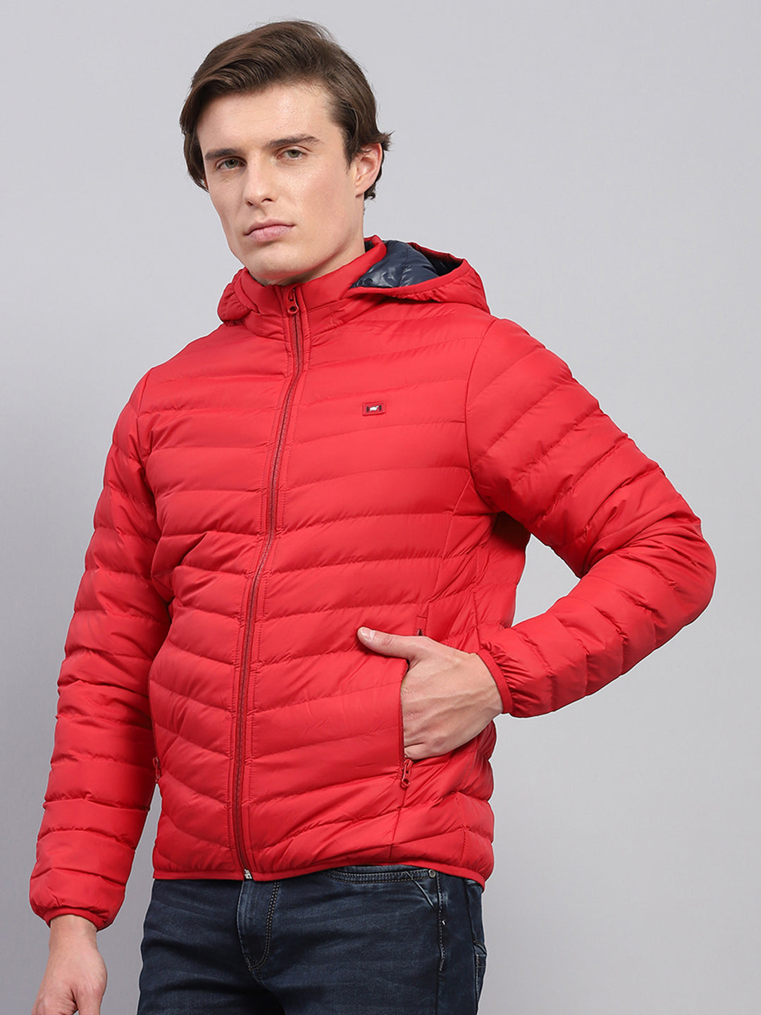 Men Red Solid Detachable Hood Full Sleeve Jacket