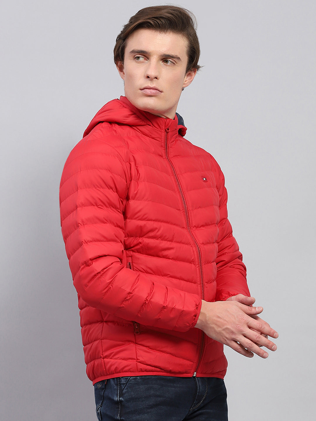 Men Red Solid Detachable Hood Full Sleeve Jacket