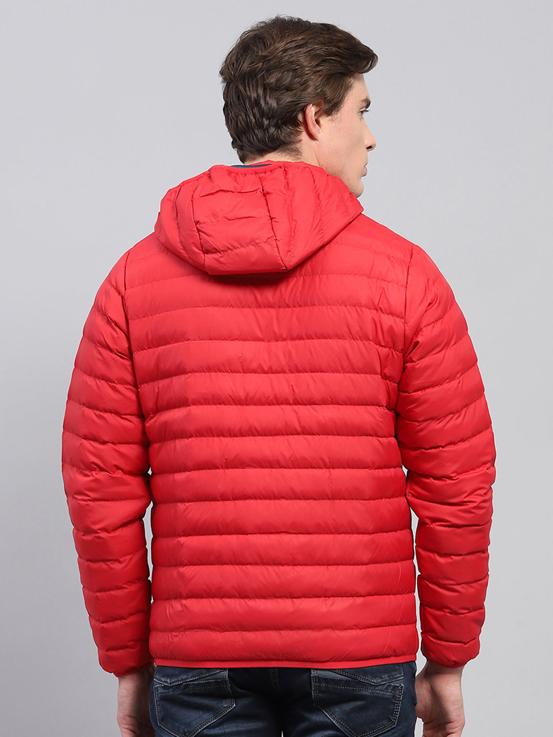 Men Red Solid Detachable Hood Full Sleeve Jacket