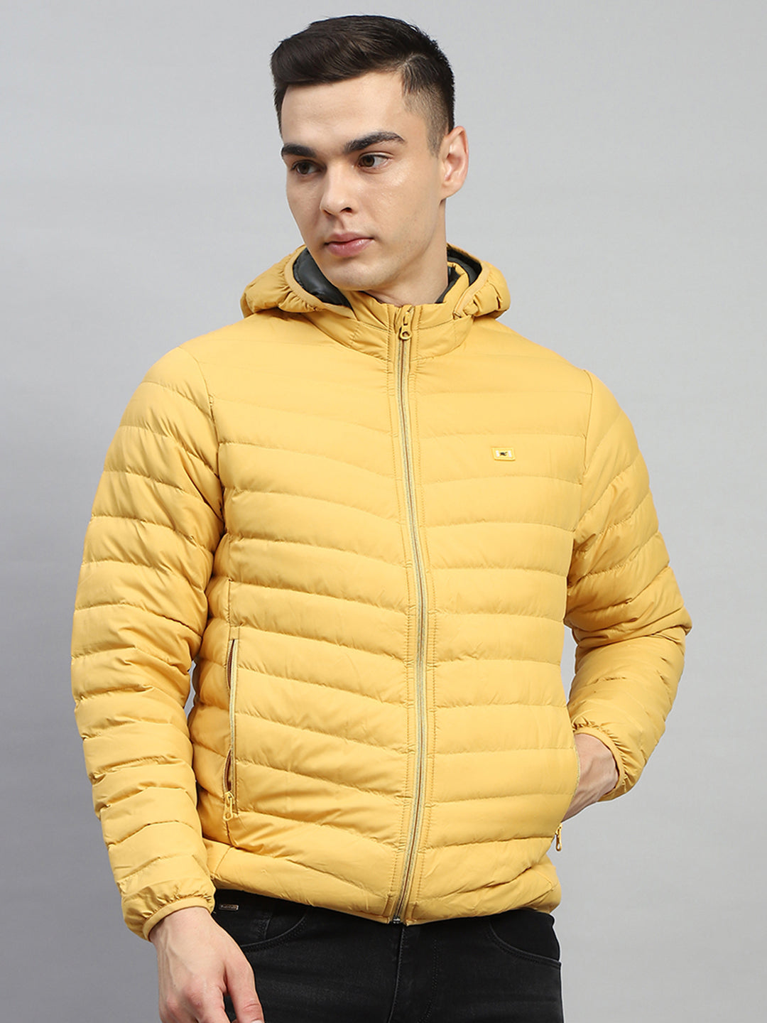 Men Yellow Solid Hooded Full Sleeve Jacket