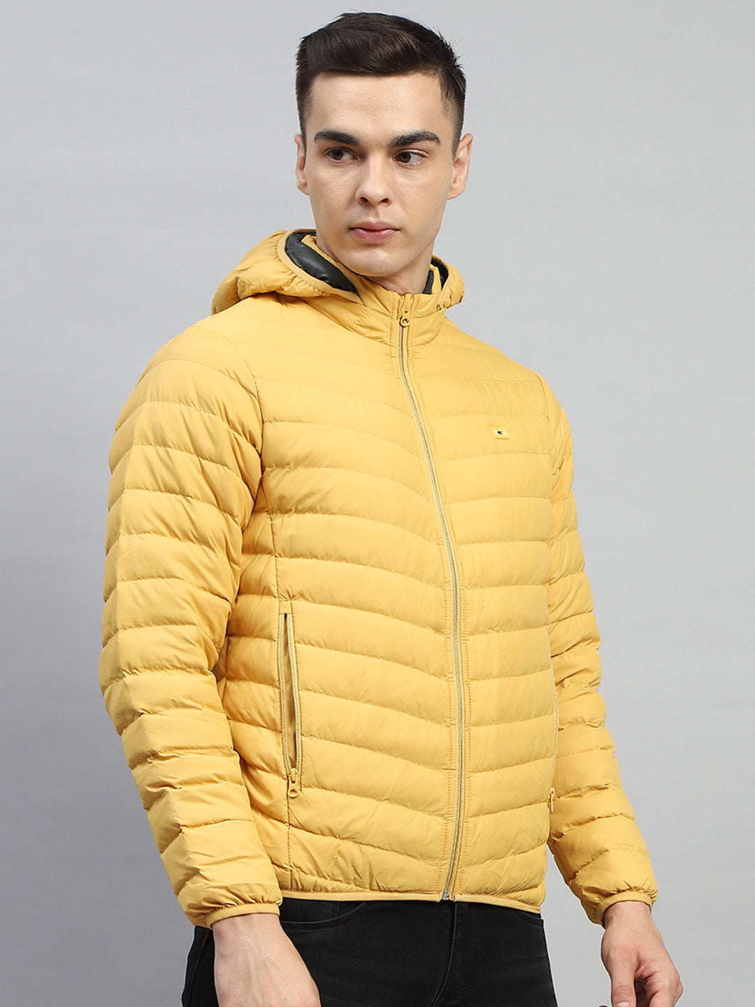 Men Yellow Solid Hooded Full Sleeve Jacket