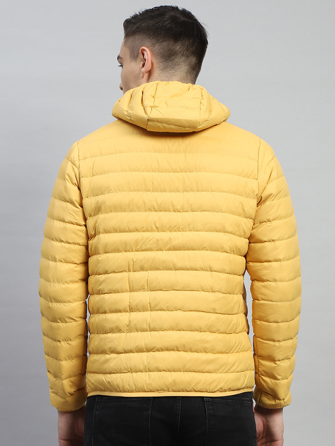 Men Yellow Solid Hooded Full Sleeve Jacket