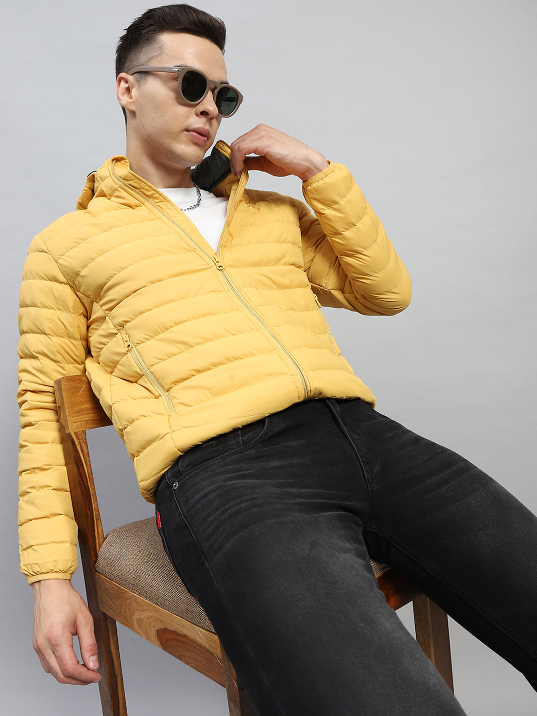 Men Yellow Solid Hooded Full Sleeve Jacket