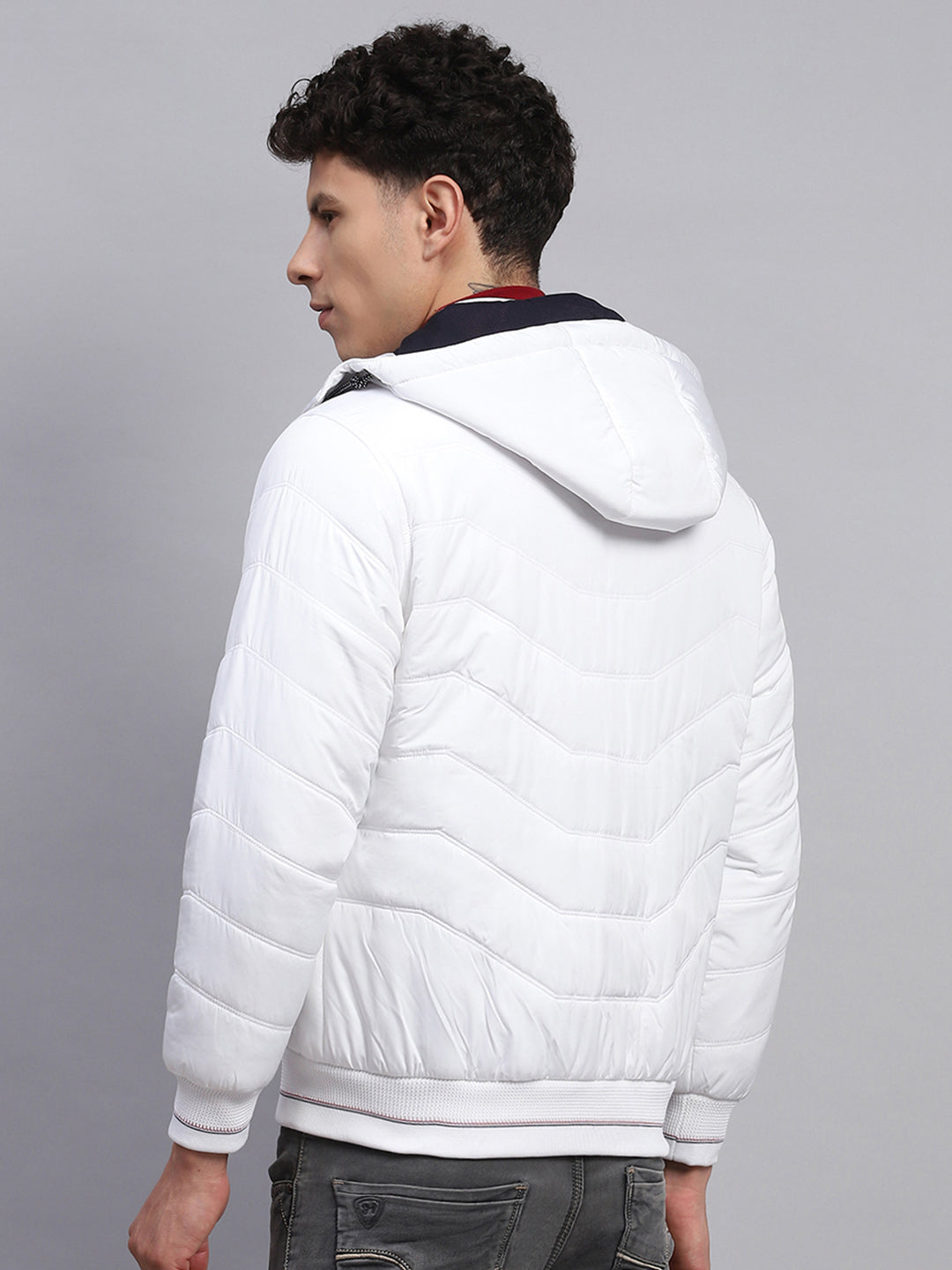 Men White Solid Detachable Hood Full Sleeve Jacket