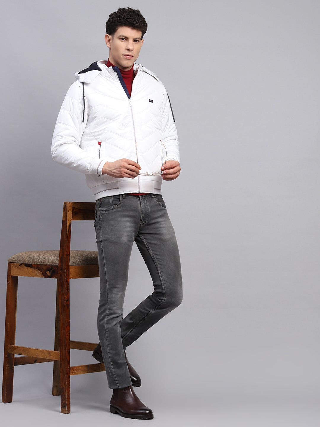 Men White Solid Detachable Hood Full Sleeve Jacket