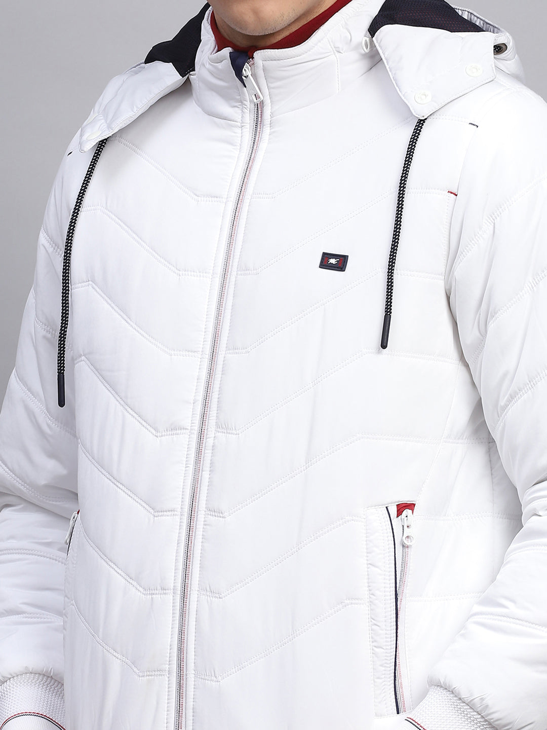 Men White Solid Detachable Hood Full Sleeve Jacket