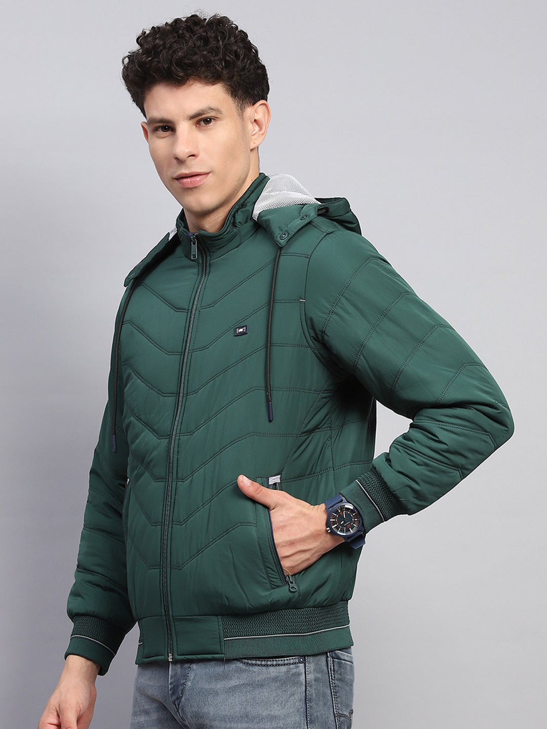 Men Green Solid Detachable Hood Full Sleeve Jacket