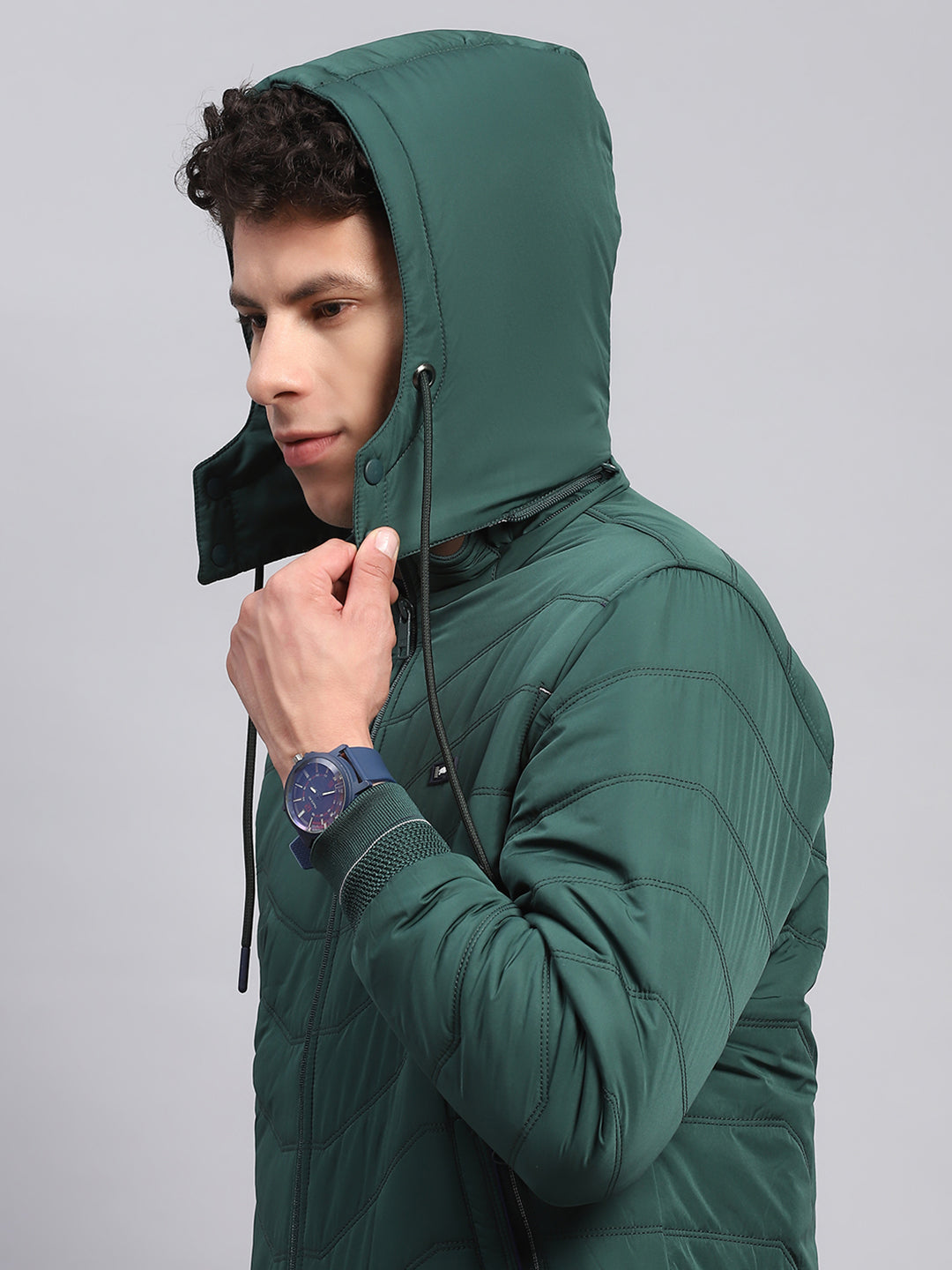 Men Green Solid Detachable Hood Full Sleeve Jacket