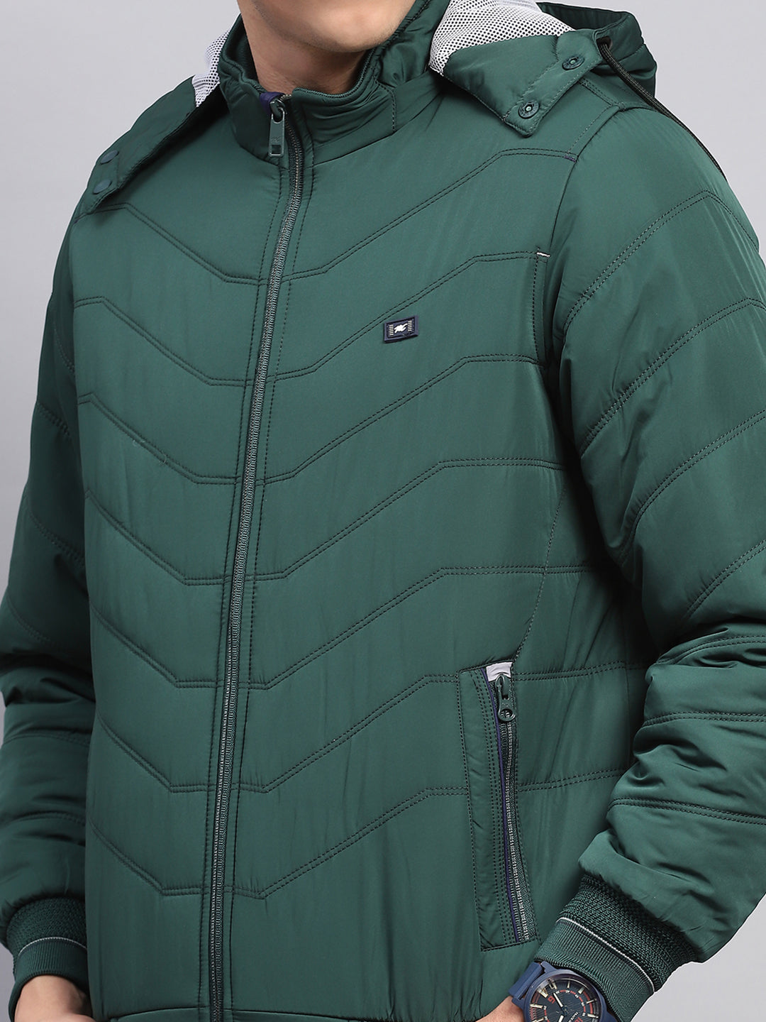 Men Green Solid Detachable Hood Full Sleeve Jacket