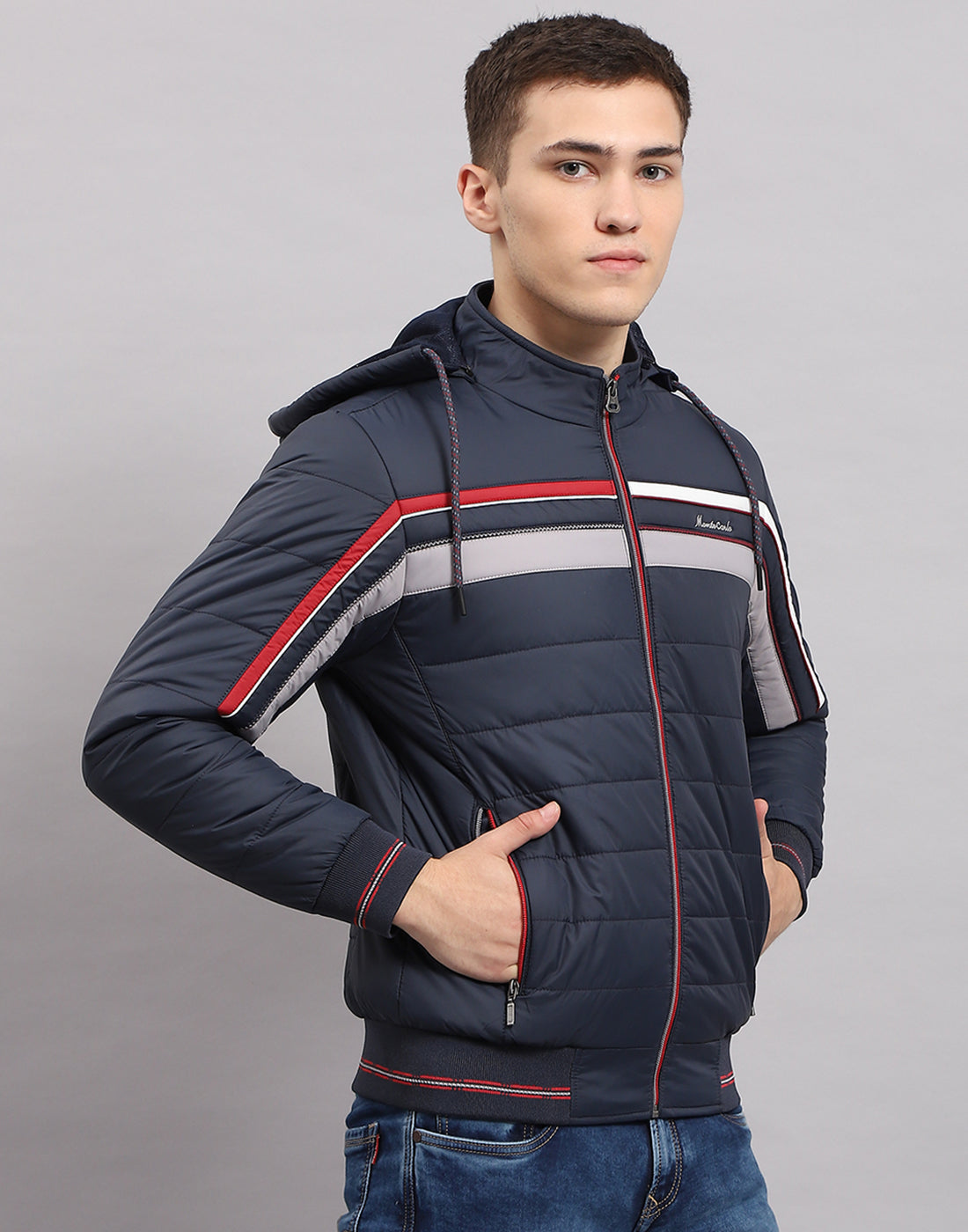 Men Navy Blue Solid Hooded Full Sleeve Jacket