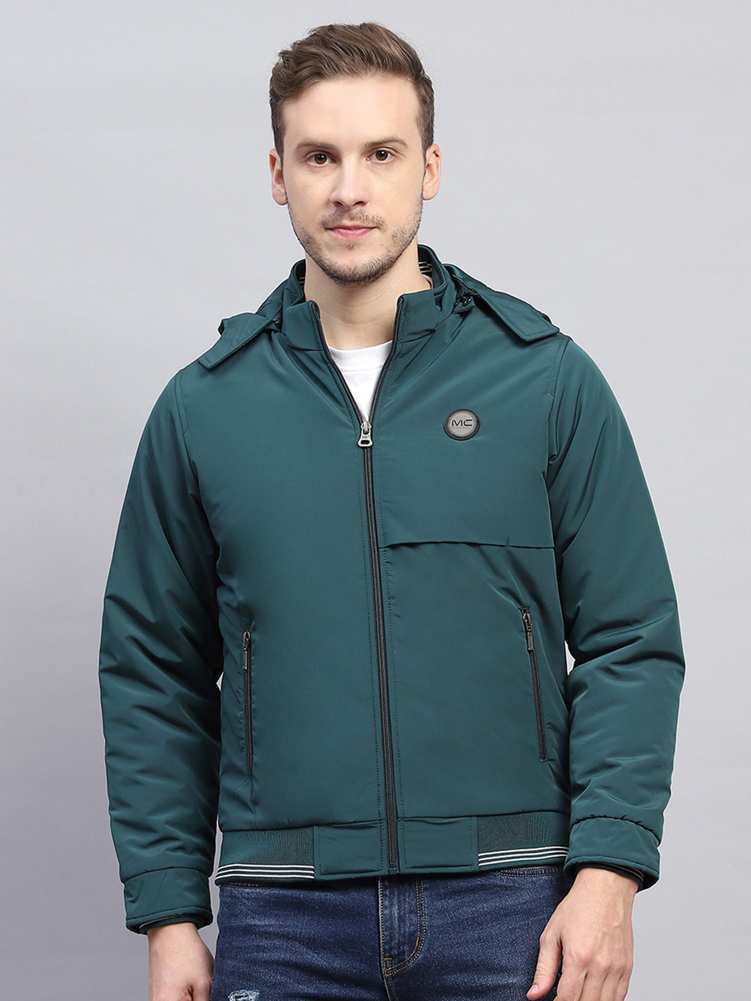 Men Green Solid Detachable Hood Full Sleeve Jacket