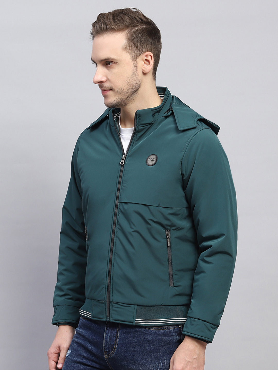 Men Green Solid Detachable Hood Full Sleeve Jacket