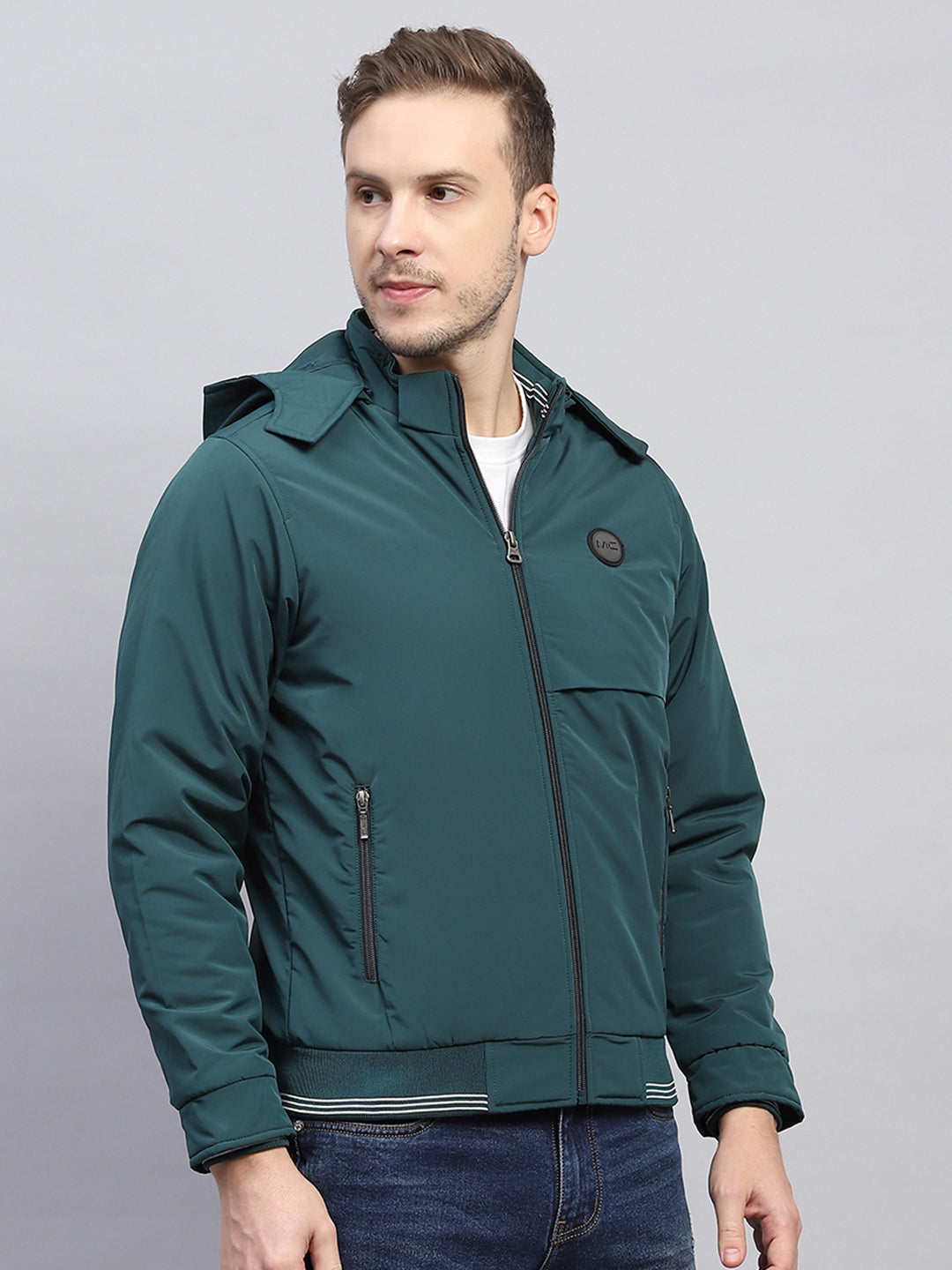 Men Green Solid Detachable Hood Full Sleeve Jacket