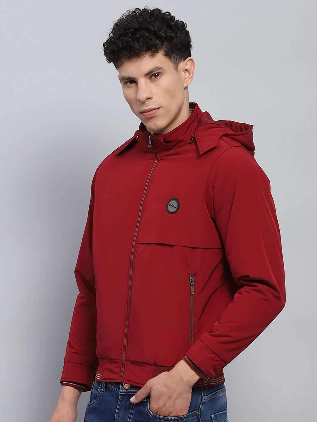 Men Maroon Solid Hooded Full Sleeve Jacket