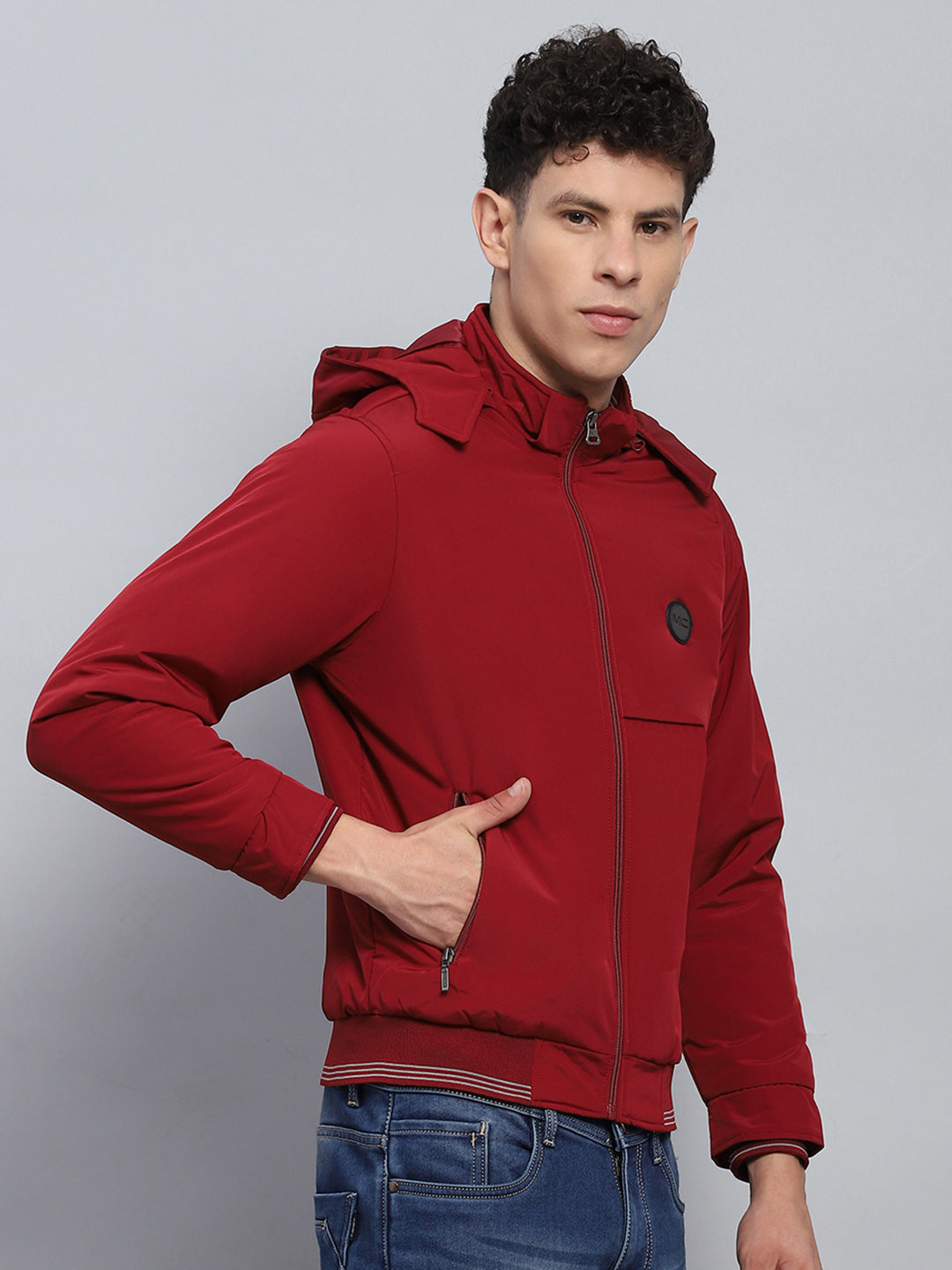 Men Maroon Solid Hooded Full Sleeve Jacket