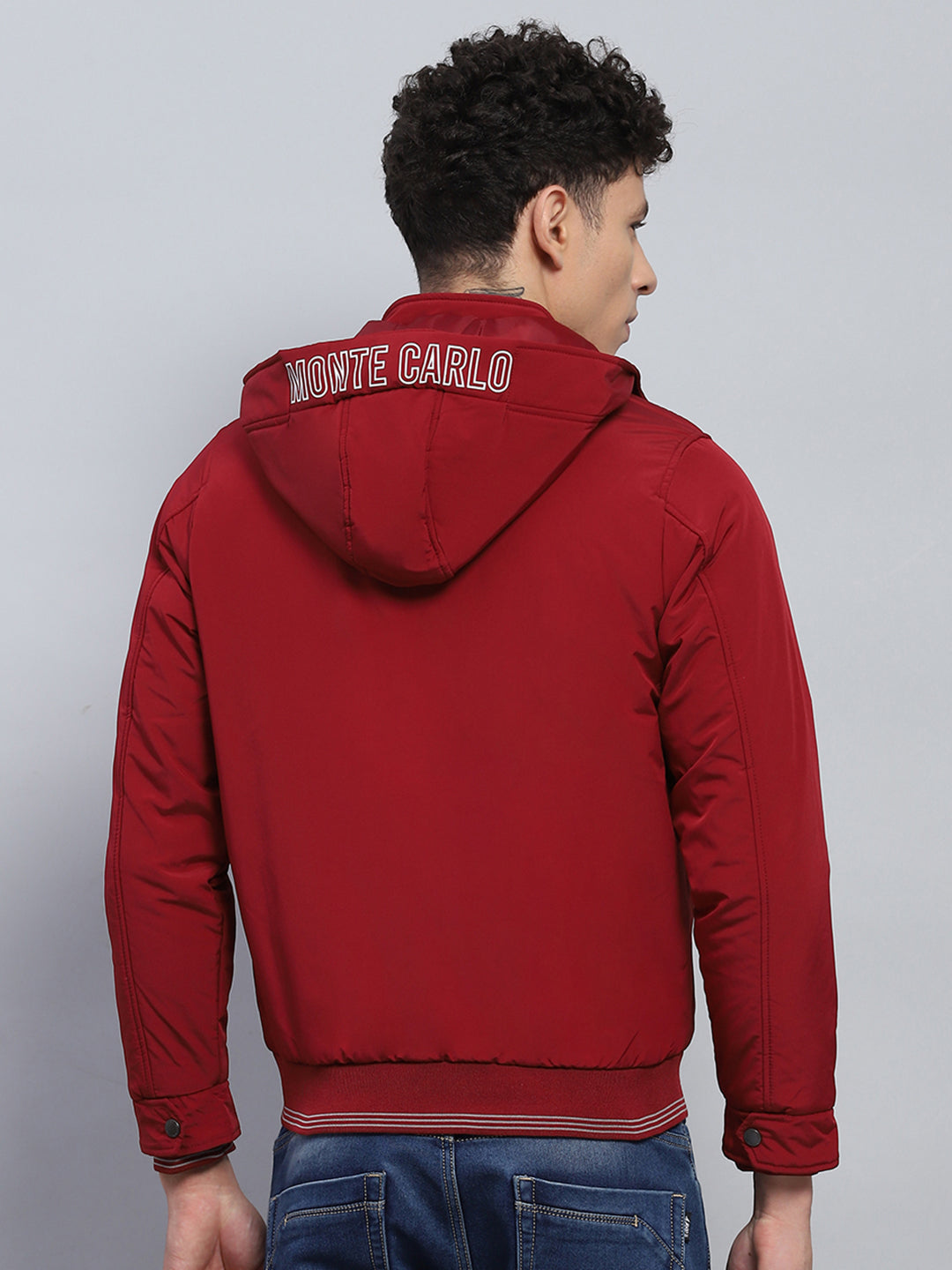 Men Maroon Solid Hooded Full Sleeve Jacket