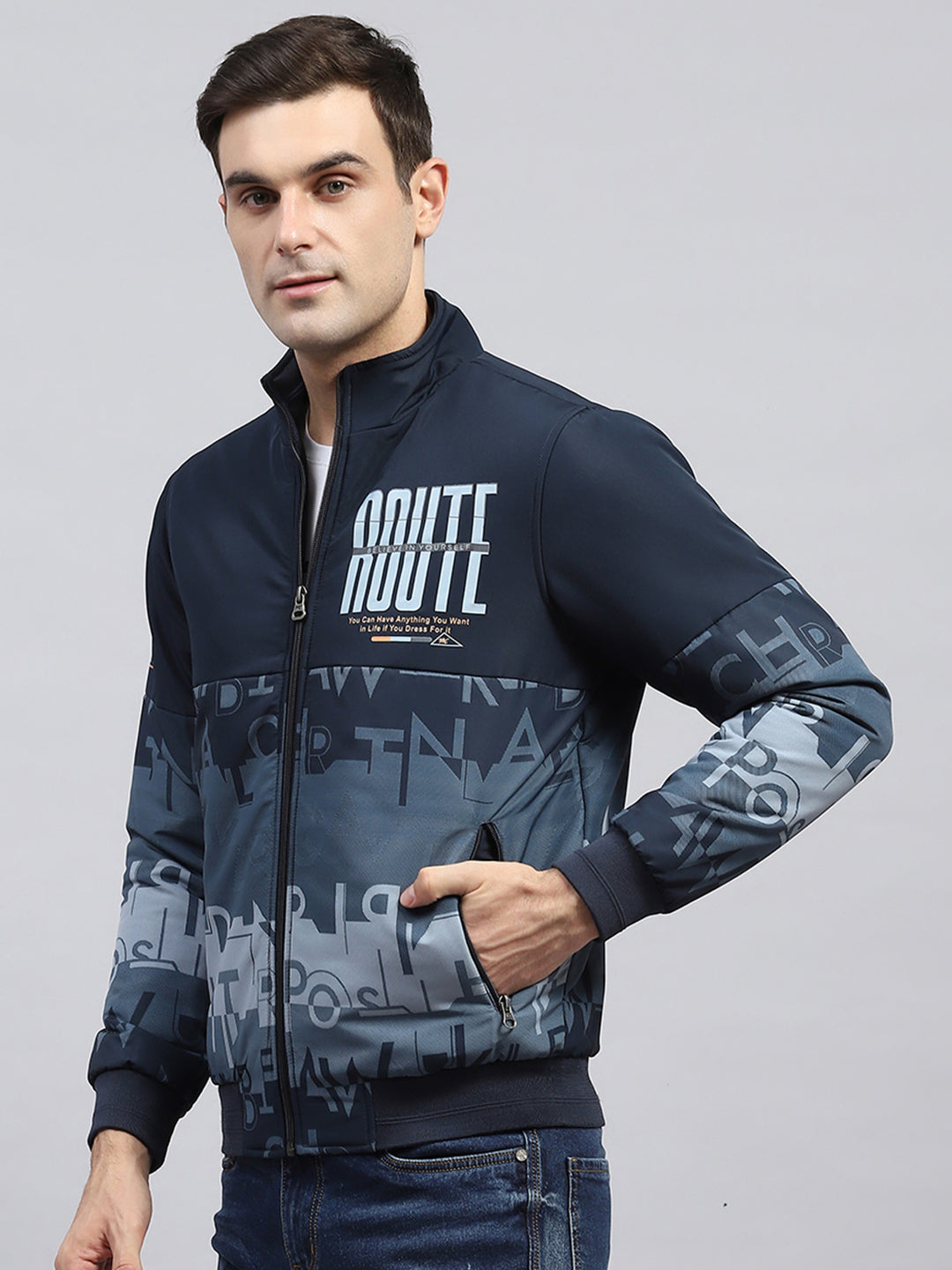 Men Navy Blue Printed Mock Neck Full Sleeve Jacket