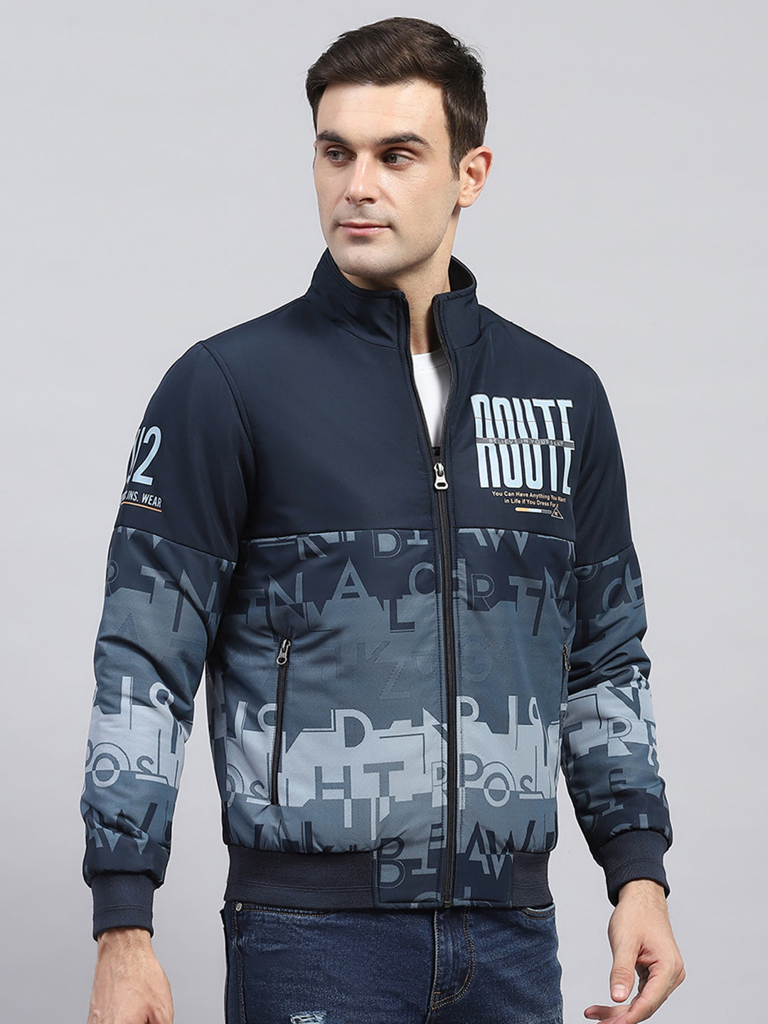 Men Navy Blue Printed Mock Neck Full Sleeve Jacket