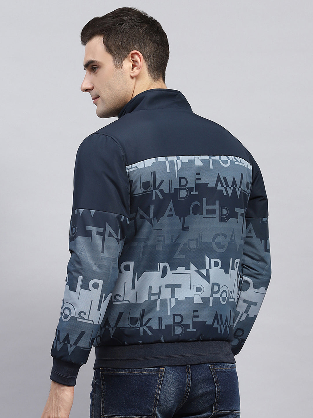 Men Navy Blue Printed Mock Neck Full Sleeve Jacket