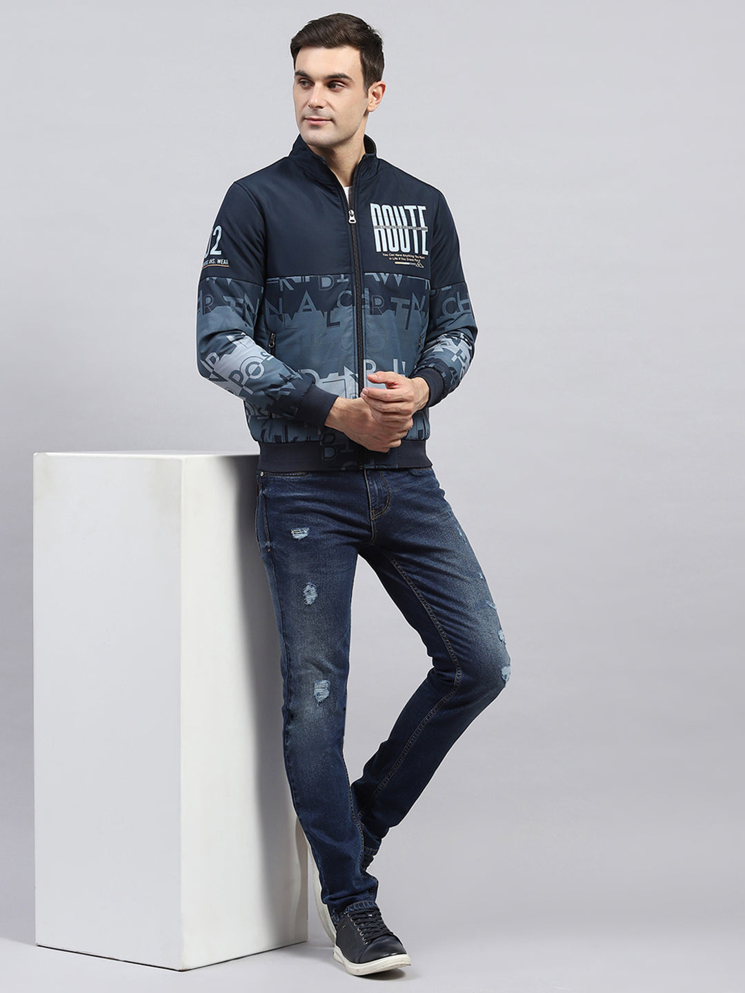 Men Navy Blue Printed Mock Neck Full Sleeve Jacket