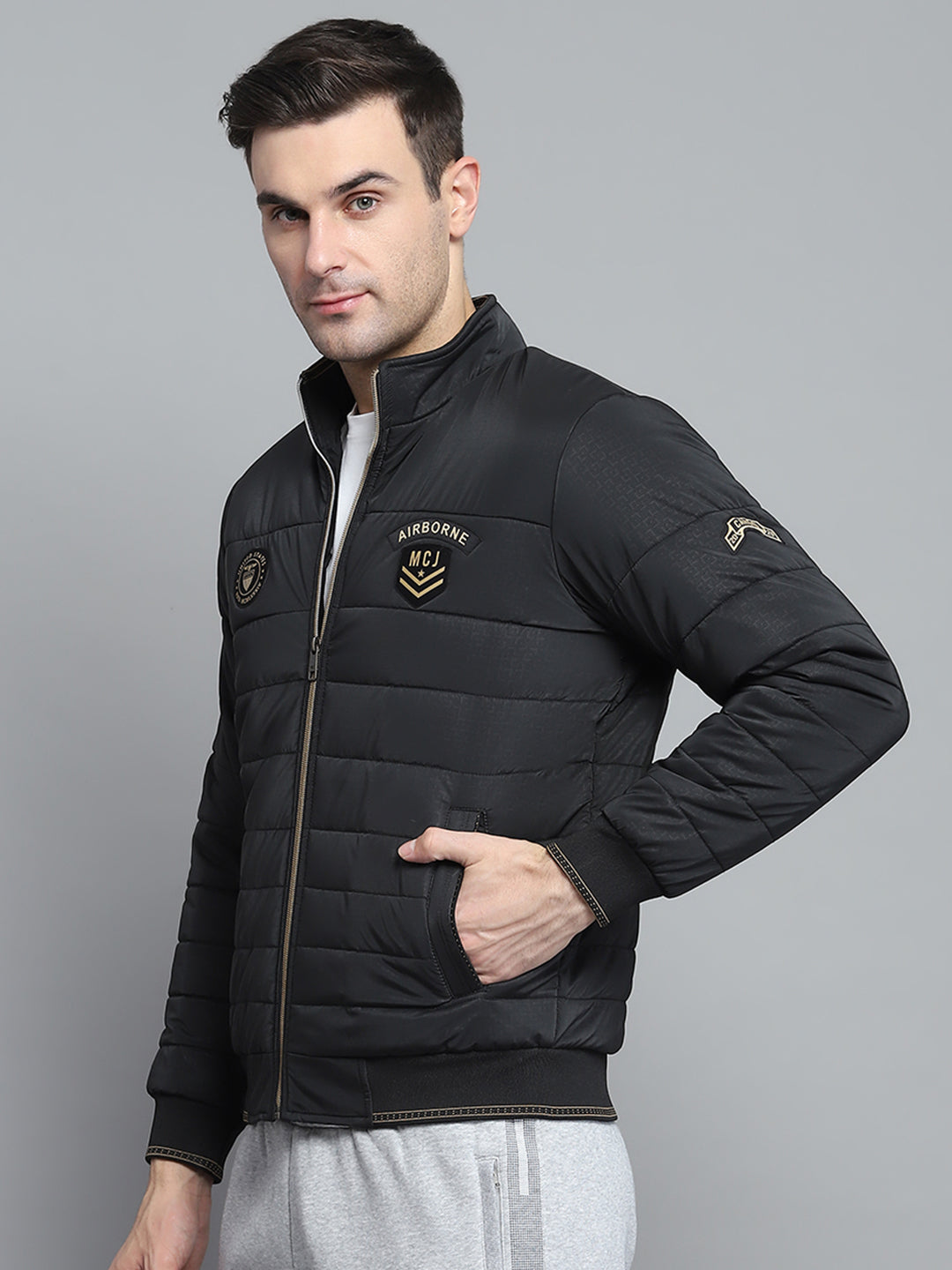 Men Black Solid Mock Neck Full Sleeve Jacket