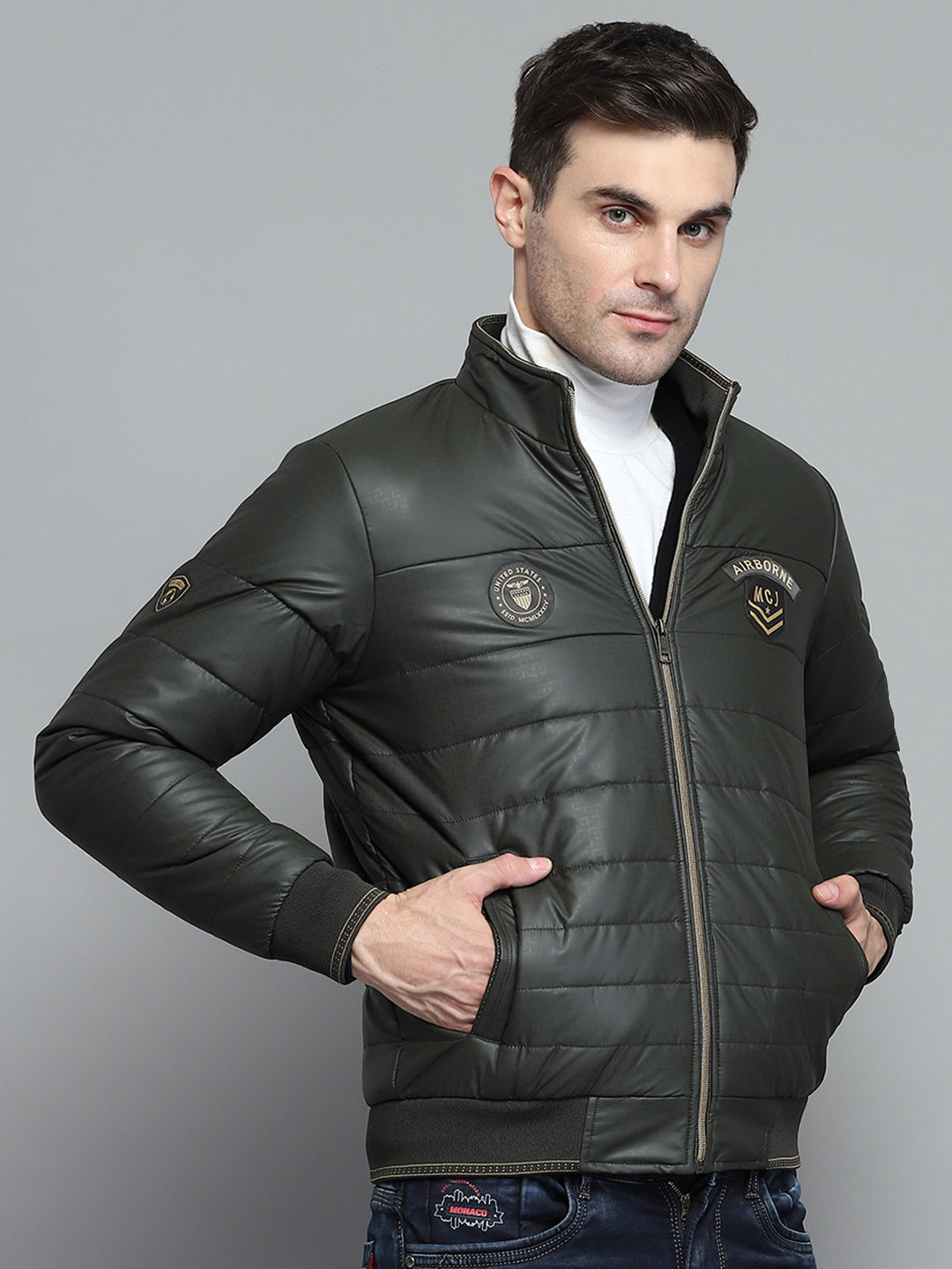 Men Olive Solid Mock Neck Full Sleeve Jacket