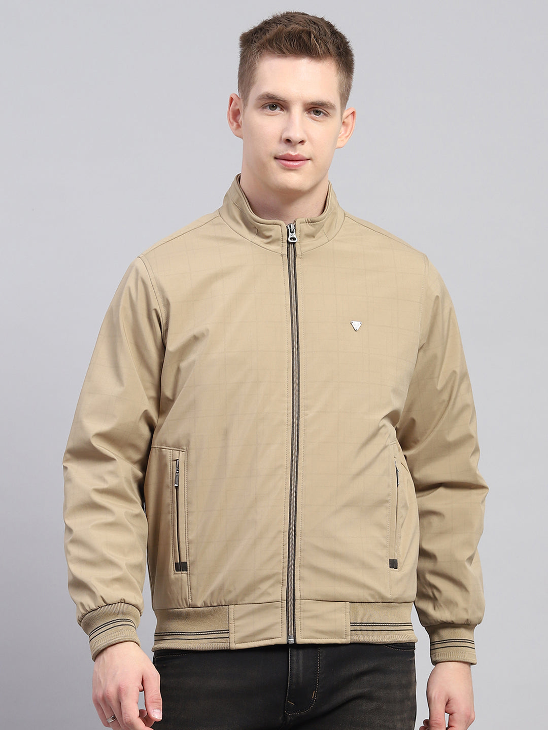 Men Khaki Solid Mock Neck Full Sleeve Jacket